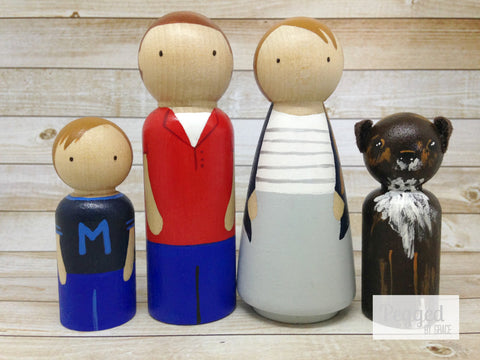 Custom Family Peg Doll Set - 2 adults, 1 child, 1 pet