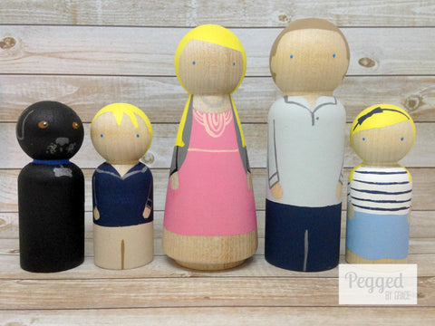 Custom Family Peg Doll Set - 2 adults, 2 children, 1 pet